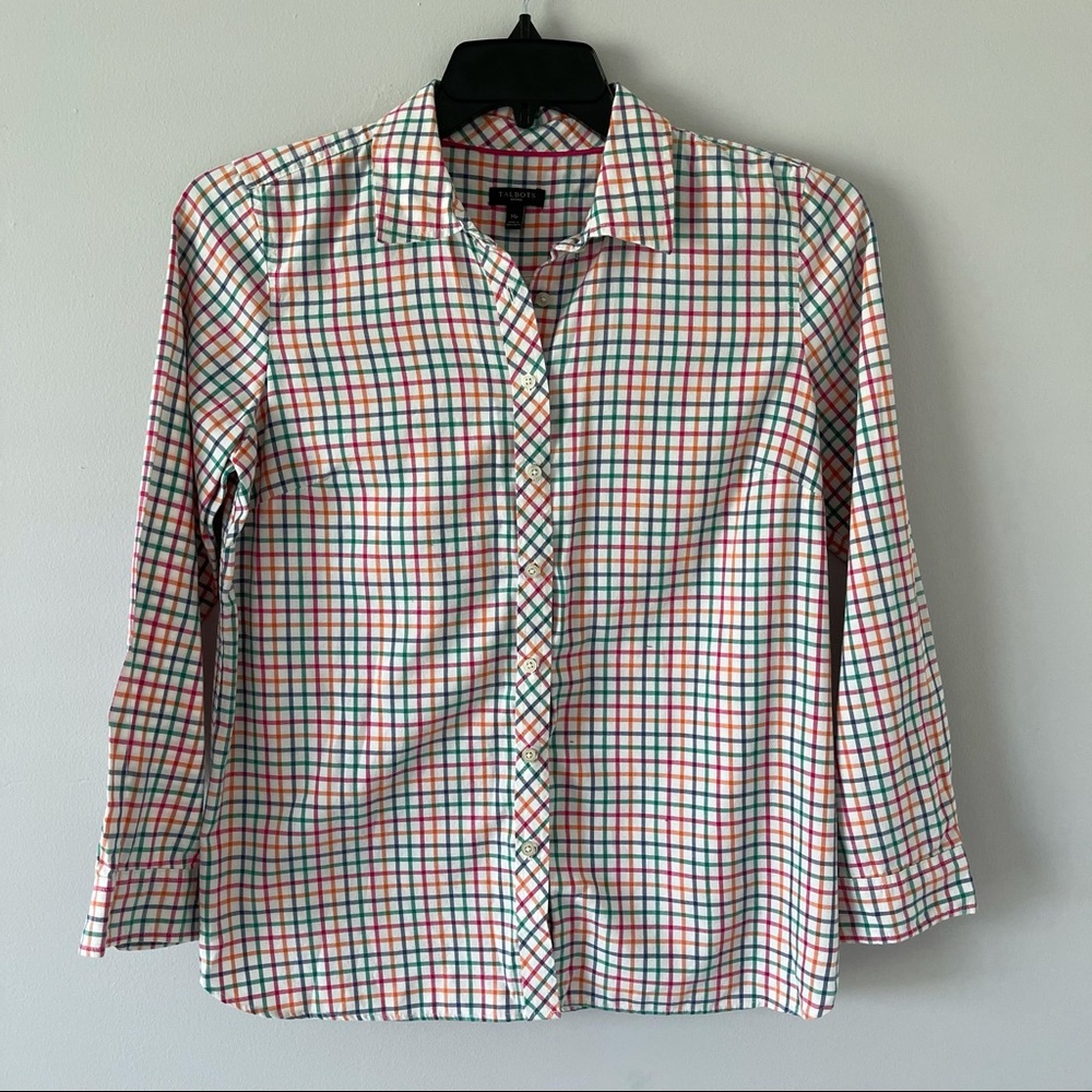 Talbots rainbow gingham button up top